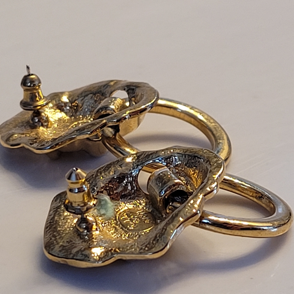 Lion Head Door Knocker Earrings Gold Plated Crystal Eyes KENNETH J LANE x AVON - Picture 12 of 15